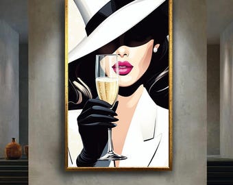 Glamorous Woman Wall Art Print – Elegant Lady with Champagne Glass in White Hat and Gloves – Chic Fashion Pop Art Poster