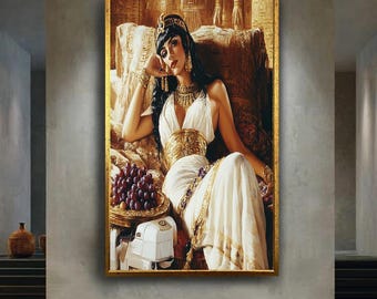 Luxury Egyptian Queen Canvas Wall Art – Powerful Woman in Ancient Royal Dress with Gold Accents –Elegant Historical Print for Feminine Decor