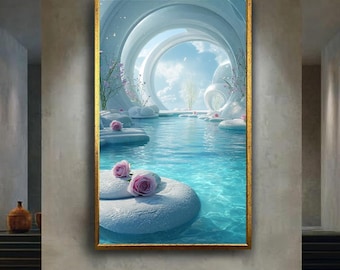 Heavenly Rose Pool Canvas Wall Art with White Stones and Dreamy Light – Tranquil Spa or Healing Room Decor for Inner Peace and Clarity