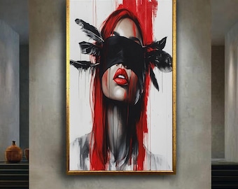 Red Hair Woman Abstract Portrait Canvas Wall Art, Modern Edgy Artwork for Home Decor, Contemporary Gift for Art and Design Lovers