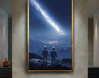 Astronaut Space Wall Art Galaxy View, Futuristic Sci Fi Landscape Printable Poster for Outer Space Lover Home or Office Decor