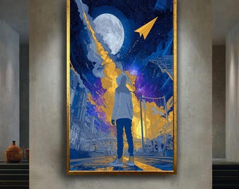 Surreal Moon Wall Art Print, Blue Yellow Sci Fi Urban Dreamscape Poster, Paper Plane Street Art Canvas, Futuristic Boy Illustration