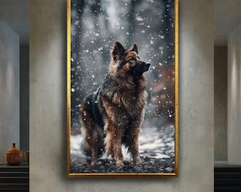 German Shepherd Dog Canvas Wall Art, Loyal Guardian Pet Print, Winter Snow Forest Artwork for Dog Lovers and Modern Home Decor