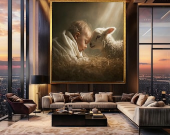 Tender Baby and Lamb Canvas Wall Art with Warm Light – Peaceful Nativity Inspired Nursery Print for Christian Home Decor