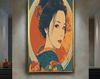 Japanese Woman Portrait Wall Art – Geisha Canvas Print in Blue Kimono – Modern Asian Culture Poster – Elegant Oriental Home Decor