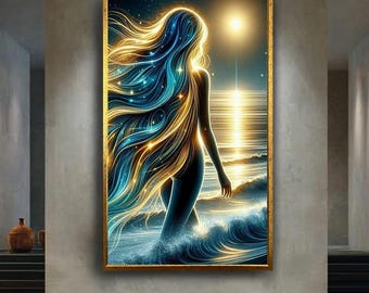 Mystical ocean goddess canvas wall art print, glowing fantasy woman artwork with cosmic hair, spiritual beach decor for dreamy interiors