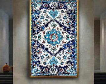 Traditional Islamic Tile Canvas Art, Ottoman Iznik Floral Pattern Print, Blue Turkish Ceramic Wall Decor for Prayer Room or Home