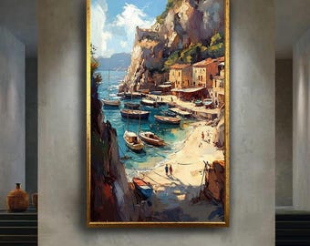 Mediterranean Coastal Village Harbor Scene – Colorful Seaside Wall Art Print With Boats, Cliffs and Sunlit Architecture Painting