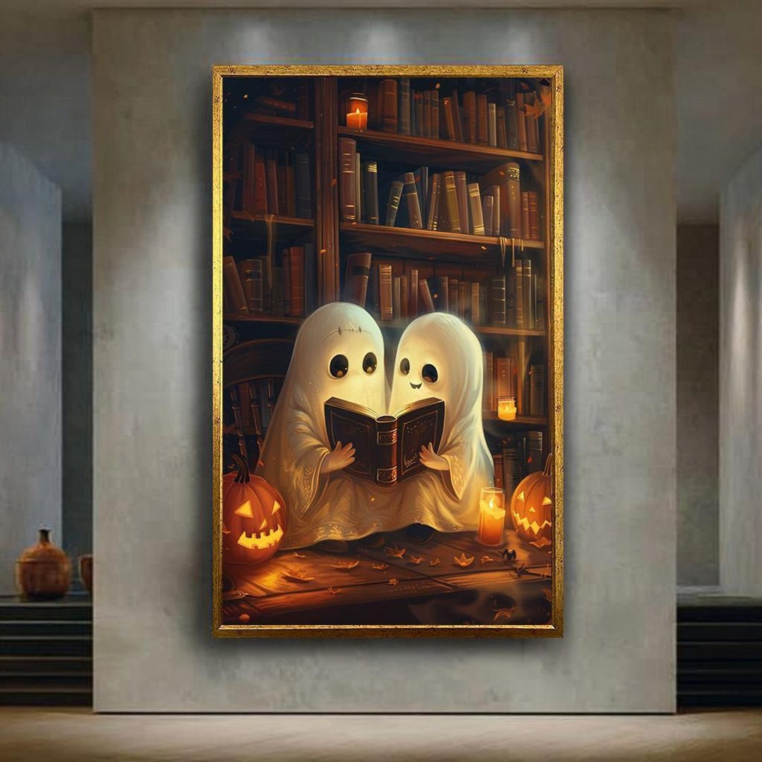 Cute Ghosts Reading Book Wall Art Cozy Halloween Library Scene ...