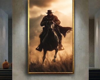 Cowboy Riding Horse at Sunset in Dust Storm, Dramatic Wild West Art Print for Rustic Home Wall Decor, Western Cowboy Poster