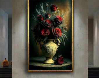Dark Red Roses in Antique Vase Canvas Wall Art, Gothic Romantic Floral Still Life Print for Vintage, Elegant and Dramatic Home Decor