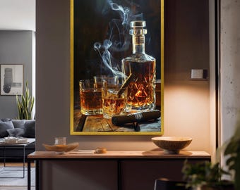 Elegant Whiskey And Cigar Still Life With Smoke Rising From Glass On Wooden Table Luxurious Bar Lounge Canvas Wall Art