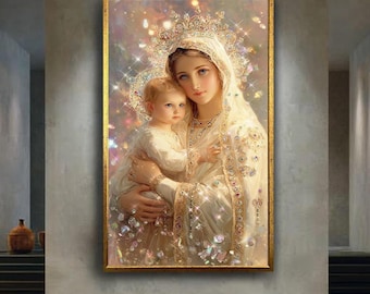 Virgin Mary and Child Canvas Wall Art, Sacred Catholic Icon Print with Crown and Jewels, Elegant Christian Religious Artwork for Home Decor