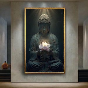 Buddha lotus flower canvas print, spiritual meditation wall art, zen enlightenment decor, sacred energy artwork for yoga space
