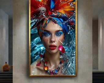 Exotic Woman Portrait Canvas Wall Art – Colorful Feather Headwrap and Water Splash Print, Vibrant Fashion Decor for Modern Interiors