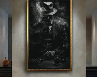 Noir Whiskey Gentleman Canvas Art, Dark Mafia Style Smoking Man Print, Vintage Masculine Wall Decor for Bar or Lounge Room