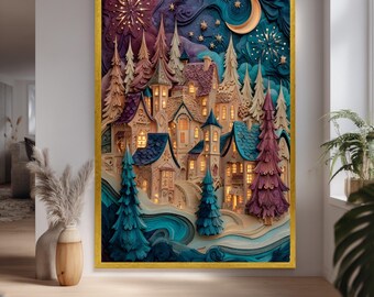 Whimsical Fairy Tale Village Canvas Print With Starry Sky And Moonlight Fantasy Wall Art For Kids Room Or Magical Home Decor