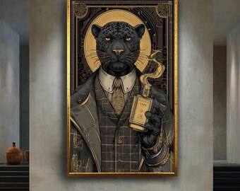 Panther Gentleman Wall Art Print, Luxury Animal Portrait Canvas Art, Art Deco Noir Cat Illustration, Elegant Anthropomorphic Decor