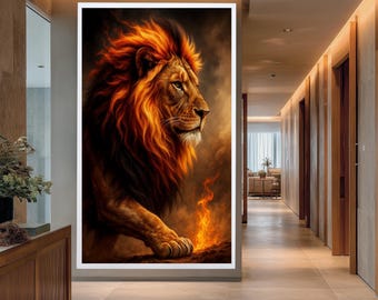Fire Mane Lion Wall Art Print, Powerful Fantasy Animal Canvas Art, Fiery Strength Artwork for Bold and Masculine Home Decor
