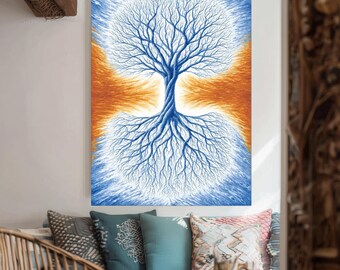 Energy Tree of Life Wall Art with Dual Roots and Branches in Blue and Orange, Symbolic Spiritual Artwork for Mindful Home Decor