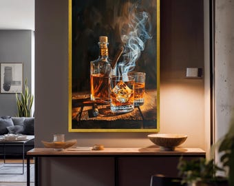 Vintage Whiskey And Cigar Still Life Canvas Wall Art With Smoky Atmosphere For Rustic Bar Lounge Or Man Cave Decor