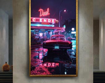 Neon Rainy Night Diner Canvas Wall Art – Retro Classic Buick Car and Vintage 80s Synthwave Scene for Home or Bar Decor