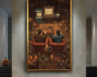 Gamer Lounge Canvas Wall Art – Cozy Gaming Room Scene with Retro Consoles and Whiskey – Perfect Decor for Game Room or Man Cave