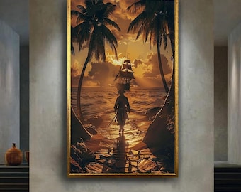 Pirate Ship Sunset Canvas Wall Art – Tropical Island Treasure Hunt Scene, Nautical Ocean Voyage Print for Coastal Adventure Home Decor