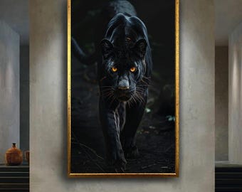 Black Panther Canvas Wall Art – Fierce Jungle Predator with Golden Eyes, Exotic Big Cat Wildlife Print for Nature and Animal Lovers