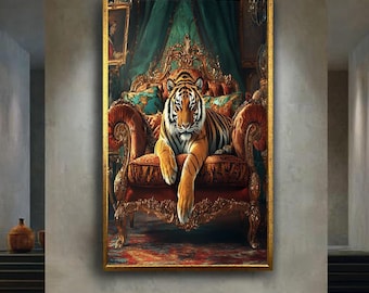 Royal Tiger Wall Art on Ornate Throne Regal Big Cat Portrait Luxury Wildlife Artwork Jungle King Animal Decor
