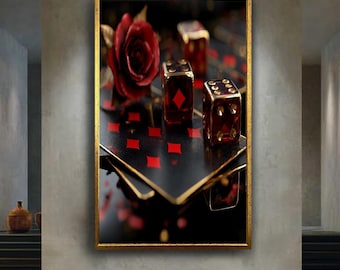 Luxury Poker Wall Art – Red Dice and Playing Cards Print – Casino Night Canvas Decor