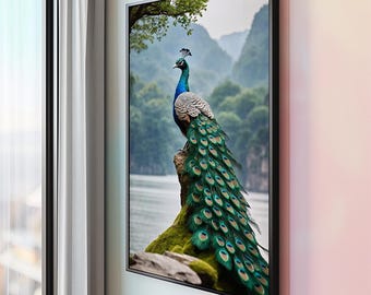 Majestic Peacock Nature Wall Art – Scenic Bird Poster with Lush Green Feathers – Wildlife Landscape Print for Natural Home Decor