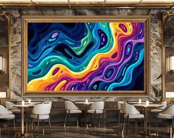 Psychedelic Wave Abstract Wall Art Print, Neon Rainbow Swirl Canvas Art, Vibrant Trippy Artwork for Modern Creative Home Decor