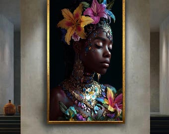 Goddess Portrait Wall Art Print, Floral Crown Ethnic Beauty Digital Poster, Vibrant Jewelry Afro Fantasy Decor for Bold Interiors
