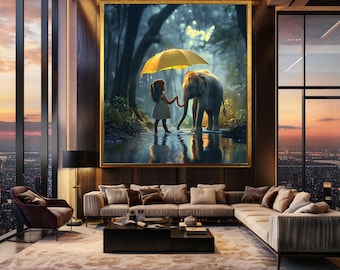Whimsical Girl and Elephant Wall Art Rainy Forest Scene Kindness and Friendship Print Cute Animal Canvas Art