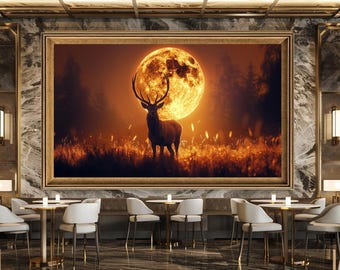 Majestic Deer Silhouette Wall Art Print, Full Moon Forest Night Canvas Art, Mystical Wildlife Artwork for Rustic Home Decor