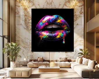 Colorful Lips Wall Art Print Neon Pop Art Poster for Makeup Room, Salon or Glam Bedroom – Vibrant Dripping Lip Artwork for Bold Modern Decor