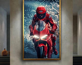 Red Sport Motorcycle Canvas Wall Art – High Speed Rider in Rain with Racing Gear and Water Splash Action Scene