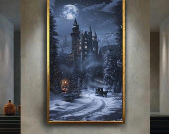Moonlit Winter Castle Wall Art Snowy Night Fantasy Canvas Print Horse Carriage Poster for Christmas or Gothic Home Decor Gift