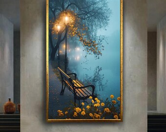 Romantic Foggy Park Bench Wall Art with Yellow Flowers and Misty Lake View Atmospheric Landscape Print Home Decor