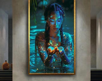 Mystical Fantasy Girl Canvas Wall Art with Glowing Fish and Tribal Lights – Ethereal Water Spirit Print for Magical Boho Home Decor