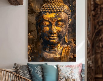 Buddha Wall Art Canvas Print – Golden Enlightenment Statue Artwork for Zen Home Decor, Asian Spiritual Art for Meditation Room