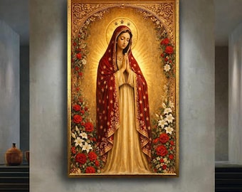 Virgin Mary Red Gold Canvas Print, Christian Religious Wall Art, Blessed Mother Praying Artwork, Sacred Catholic Decor