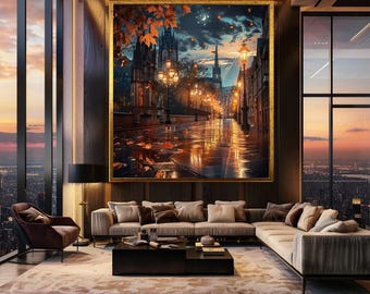 Romantic Rainy Street at Night Canvas Wall Art – Autumn Cityscape with Gothic Architecture, Lantern Lights and Falling Leaves