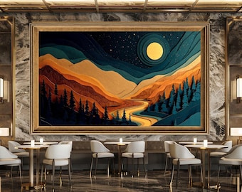 Moonlight Mountain Landscape and Flowing River Themed, Abstract Nature Themed Home Decor Canvas Print