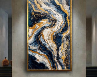 Abstract Navy Blue White and Gold Marble Canvas Wall Art with Fluid Painting Texture, Modern Luxury Home and Office Decoration