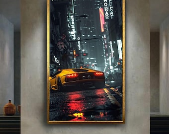 Yellow Supercar in Neon City Canvas Wall Art, Cyberpunk Luxury Car Print, Futuristic Night Street Artwork for Bold Modern Home Decor