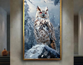 Red Eye Snow Owl Canvas Art Print, Fantasy Winter Forest Wall Art, Mystical Animal Artwork, Gothic Wildlife Wall Decor