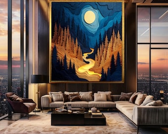 Moonlit Forest River Canvas Wall Art – Midnight Nature Landscape Print with Glowing Stream and Pine Trees for Rustic Home Decor