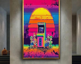 Retro Arcade Pixel Art Canvas – Vaporwave Style 80s Gaming Poster with Neon Sunset – Colorful Wall Art for Gamers and Nostalgia Lovers